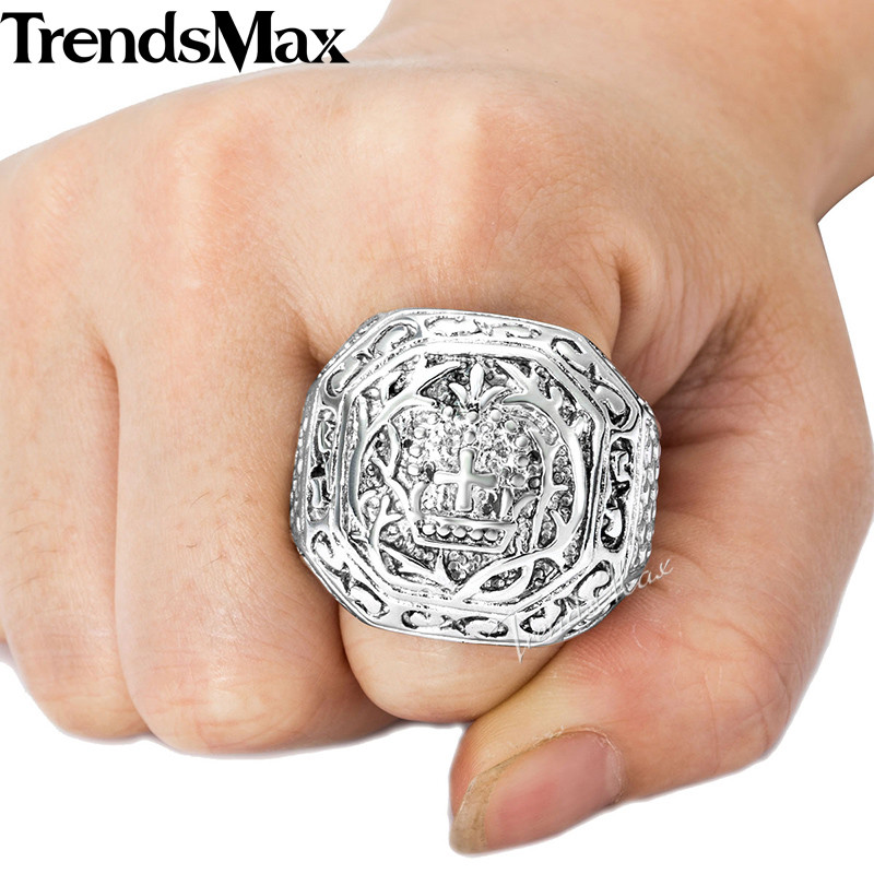 Mens Boys 8-13 Cross Crown Silver 316L Stainless Steel Ring Knight Signet Gift