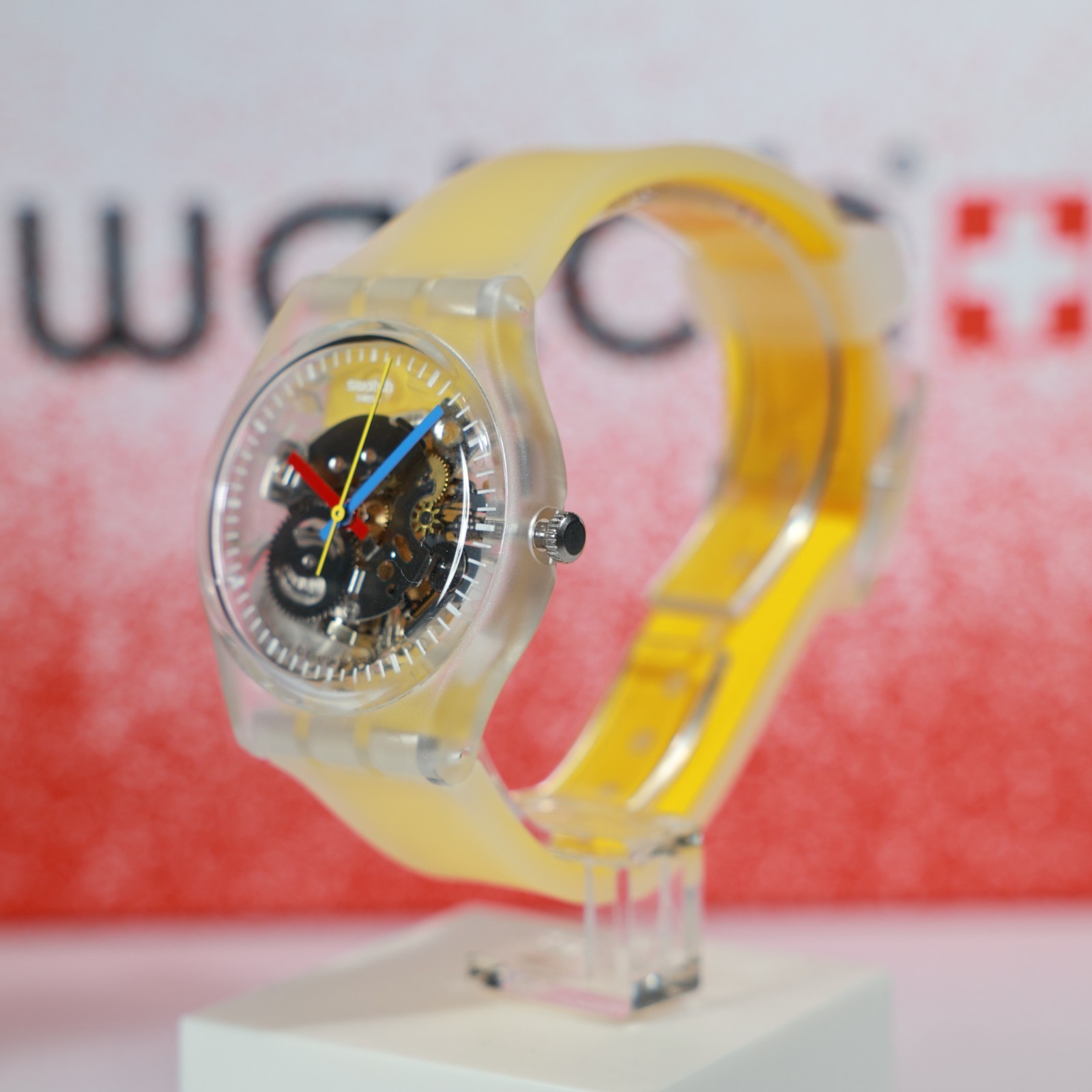 New Limited Swiss Made SWATCH GE291 Clearly Yellow Striped 34MM Transparent