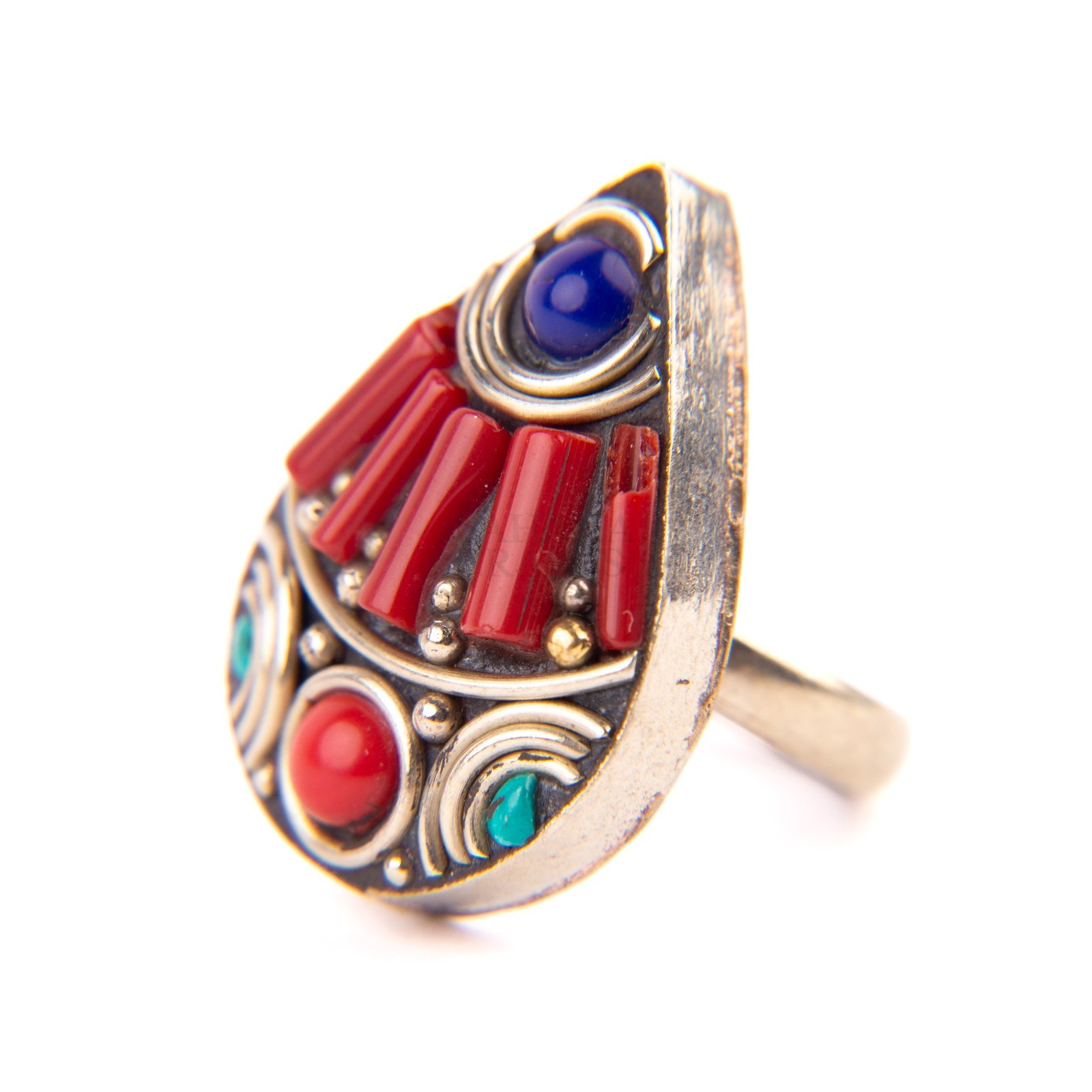 Tibetan Ring, Red Coral Turquoise, Beads Tibetan Ring, Handmade Nepali Jewelry