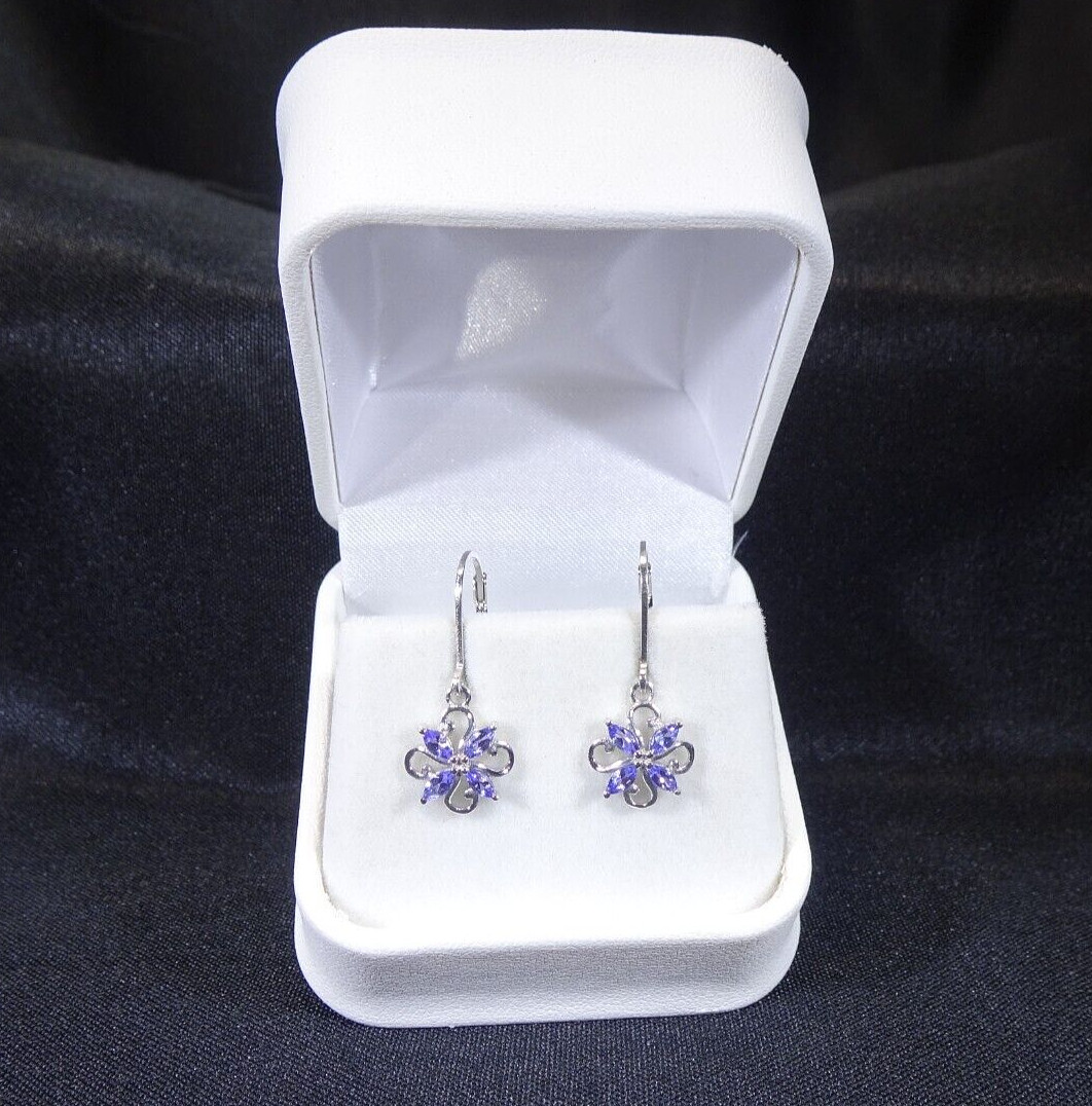 0.40 ct Natural Tanzanite Solid 925 Sterling Silver Flower Leverback Earrings