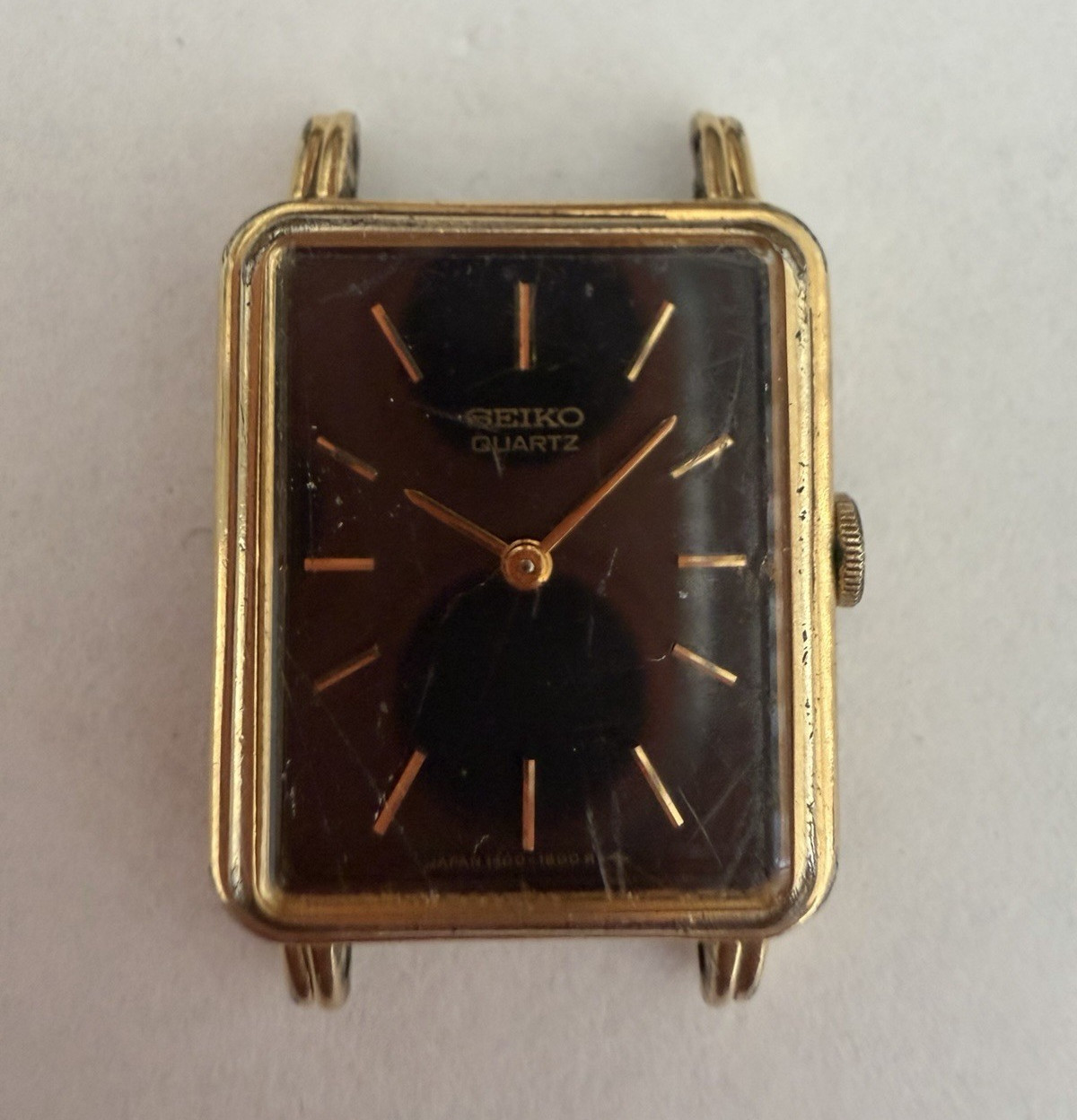 Seiko Quartz Gold Tone Rectangle Analog Dress Watch Head Only Black Dial