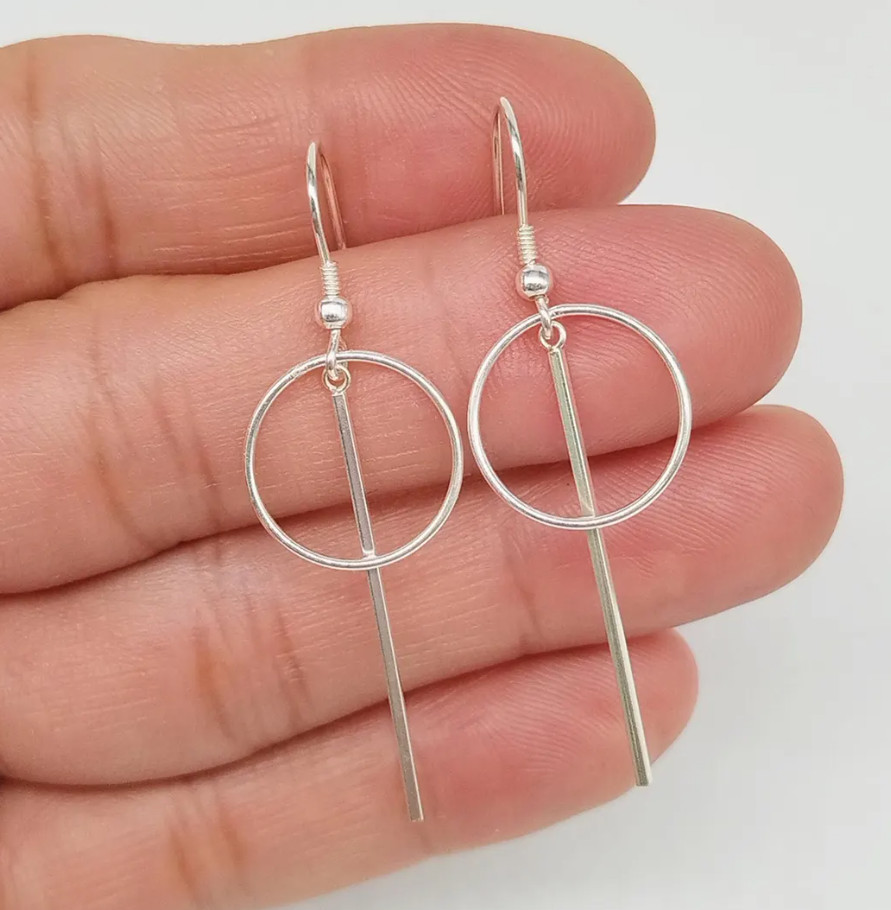 Sterling Silver Circle Bar Earrings Geometric Dangle Ear Wire 925 Silver Earring