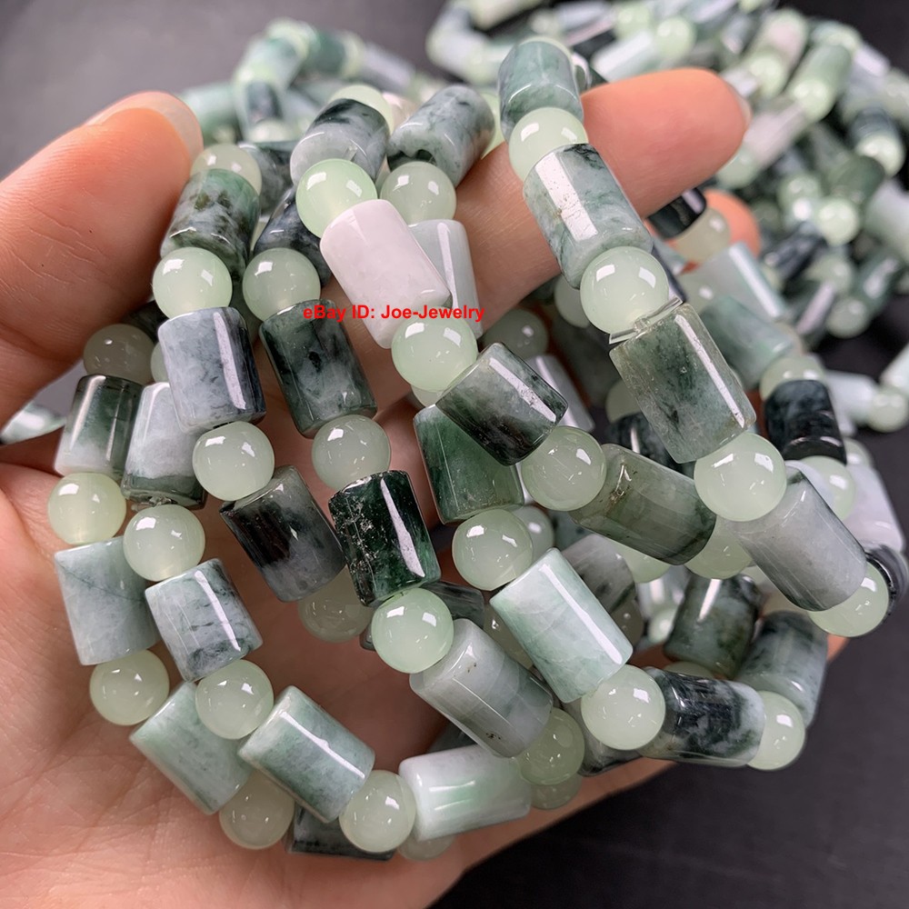 Natural Jadeite Stretch Bracelet Grade A Jade 8.7mm Tube Bead Spacers Bracelet