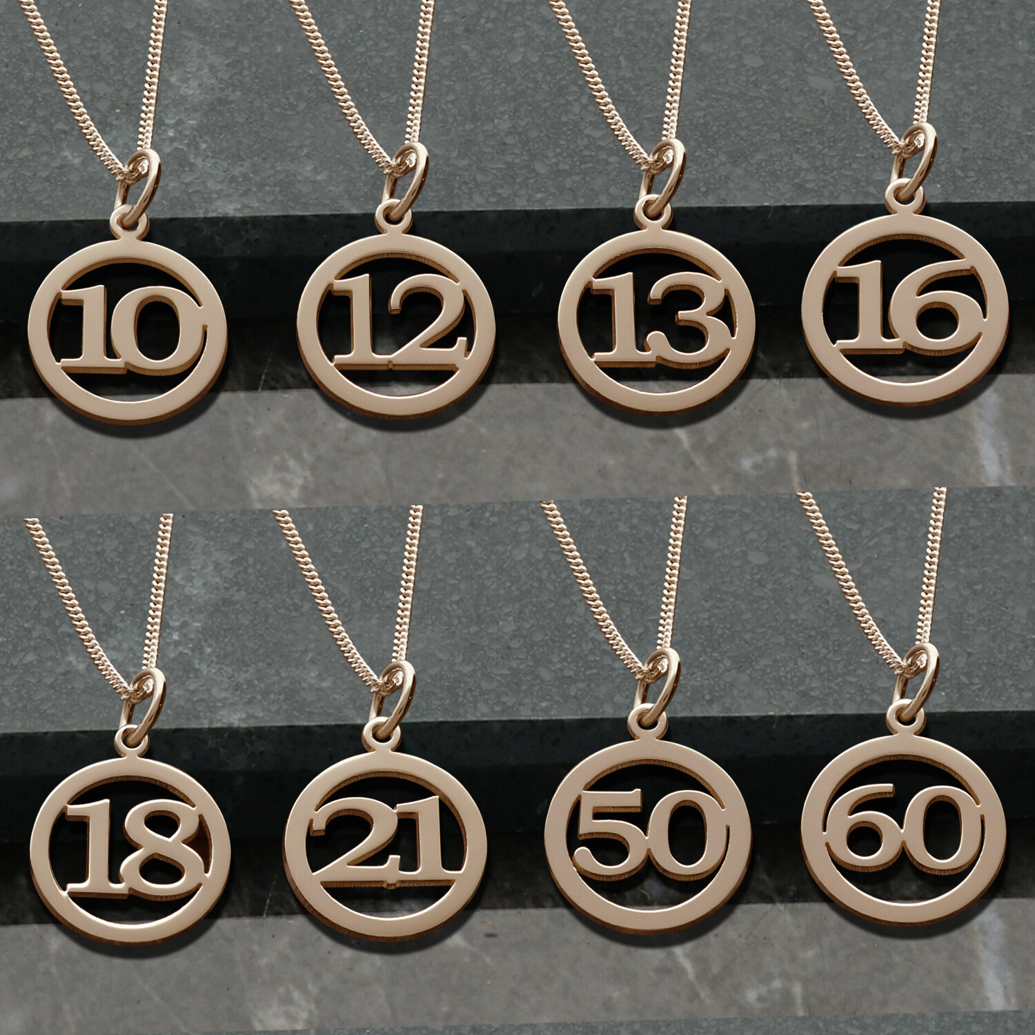 375 Solid 9ct Yellow, Rose or White Gold Birthday Number Age Pendant Charm Gift