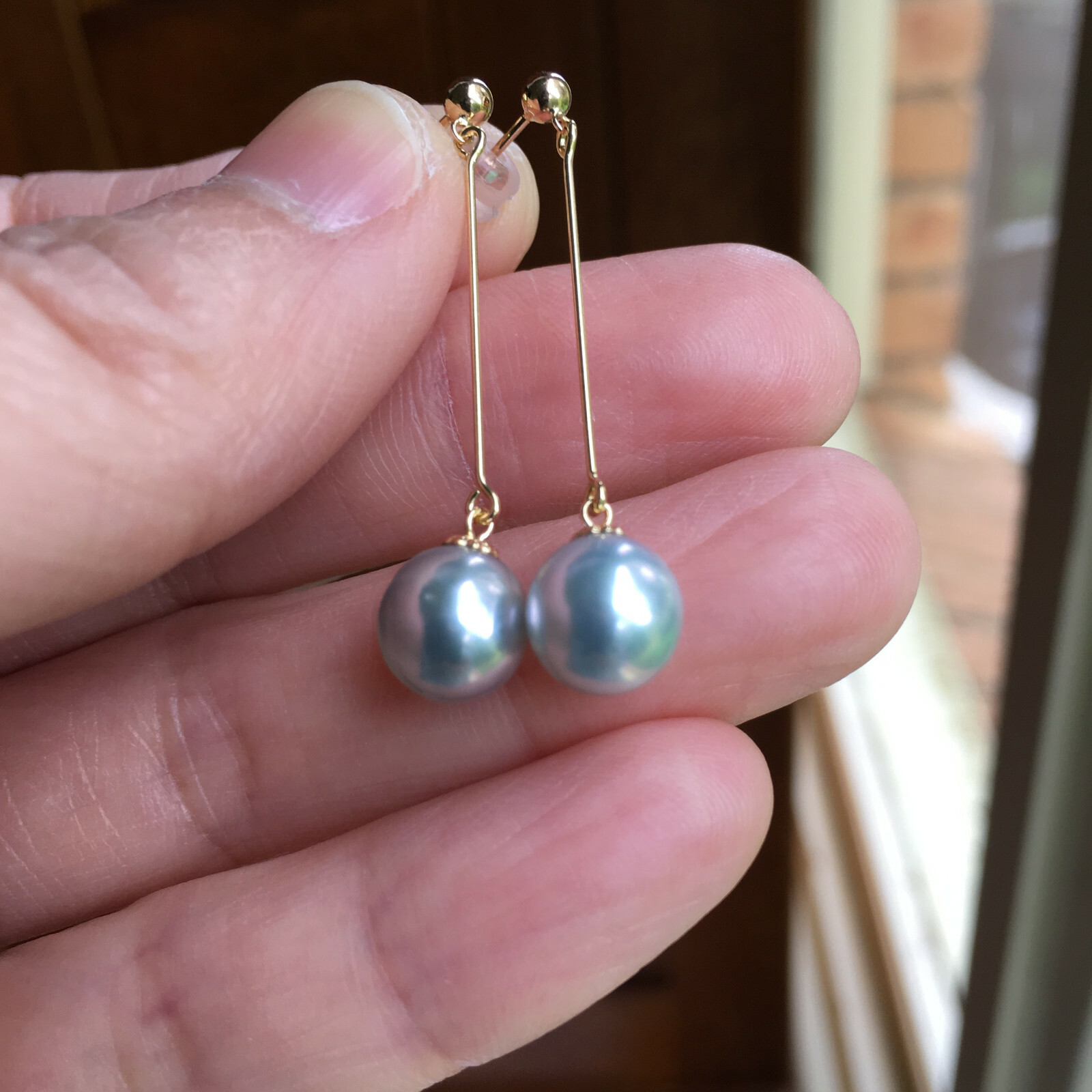 8mm Japan Seawater Akoya Fairy Pearl Earring stud 18K Gold 9.8cts 37.5mm #132