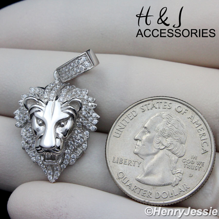 MEN SOLID 925 STERLING SILVER ICY BLING CZ SILVER LION FACE CHARM PENDANT*ASP185