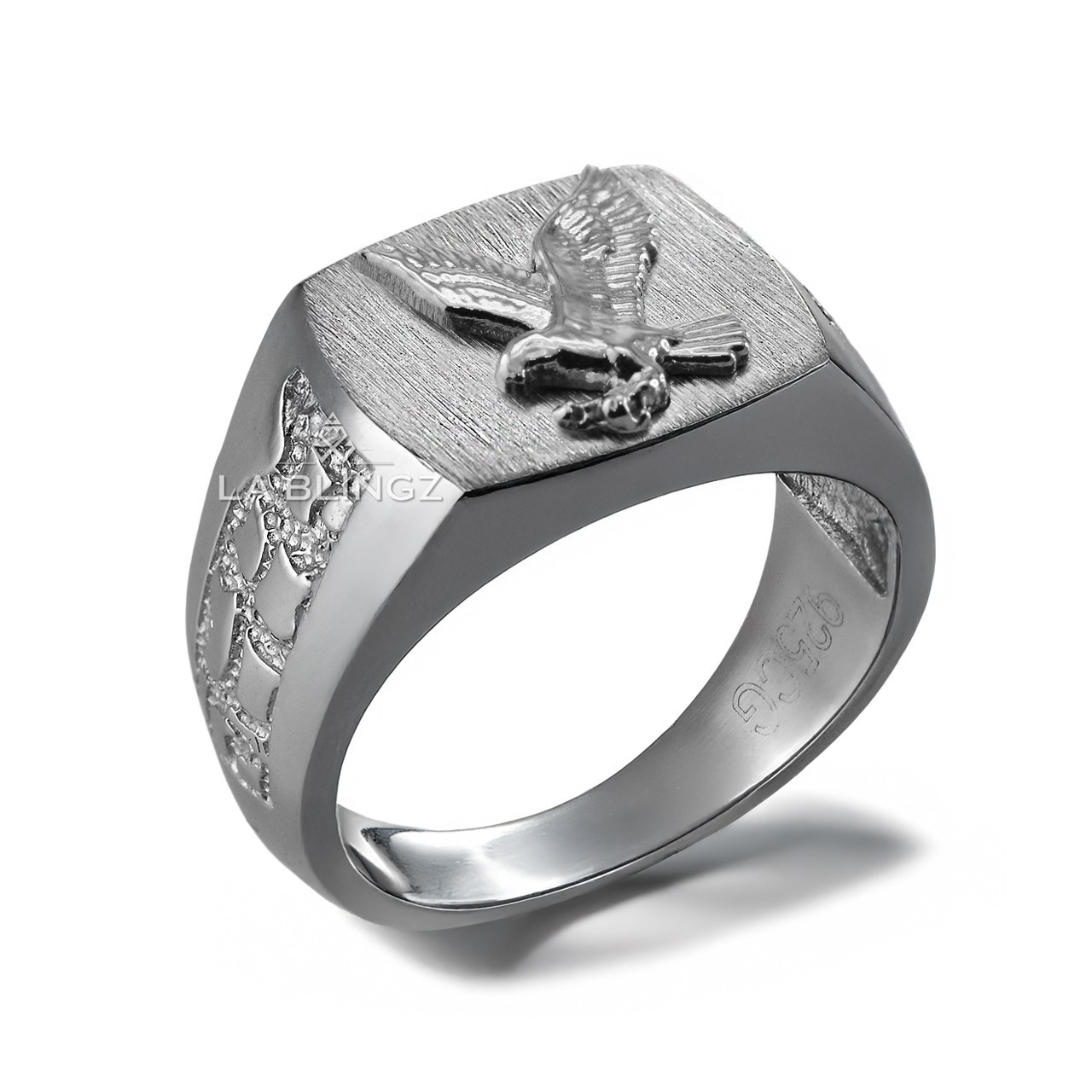Sterling Silver American Eagle Brushed Signet Ring Men Nugget Band Patriotic USA