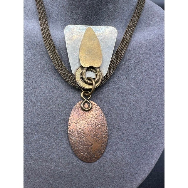 VTG Marjorie Baer SF Signed necklace Tri-Metal Plates Mesh Chain Bohemian Art