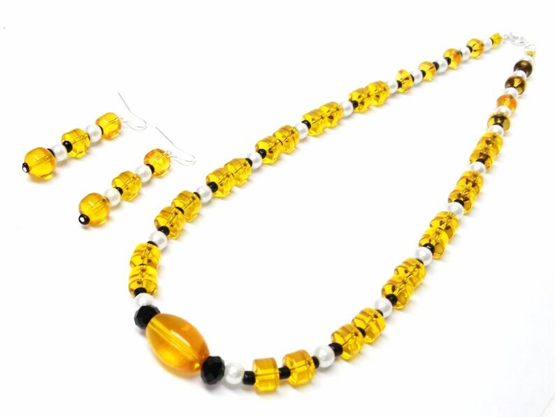 Mixed Shape Orange Transparent & White Glass Bead Necklace/Earrings Set
