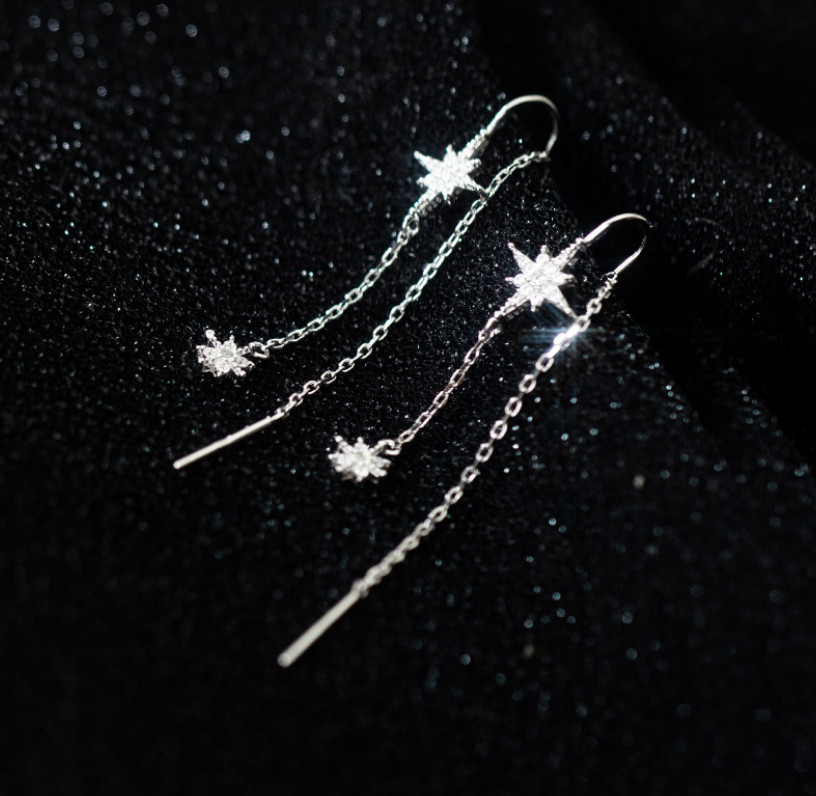 Women Solid Sterling Silver Hanging Bar Snowflake Threader CZ Earrings Gift PE48