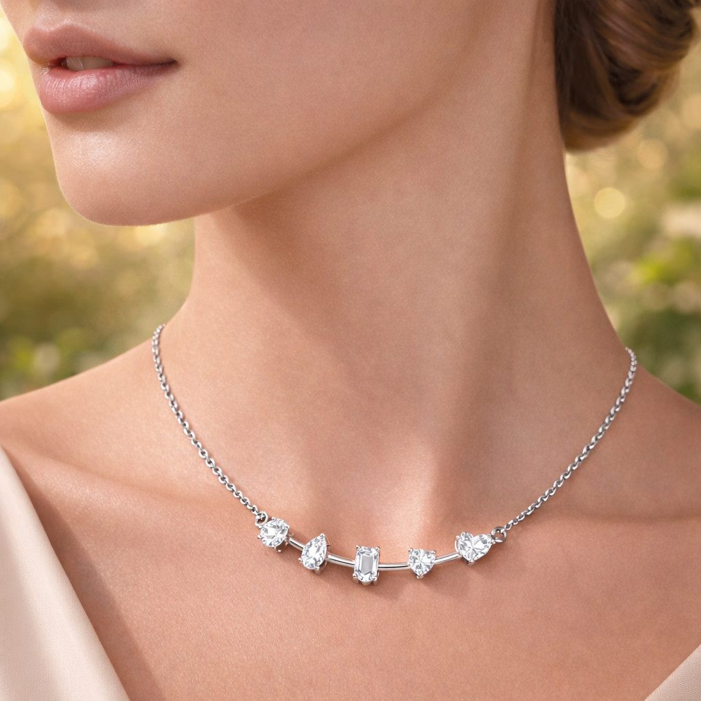 0.45Ct Moissanite 5 Multi Stone Pendant Necklace 10K Gold 18″ Chain Women
