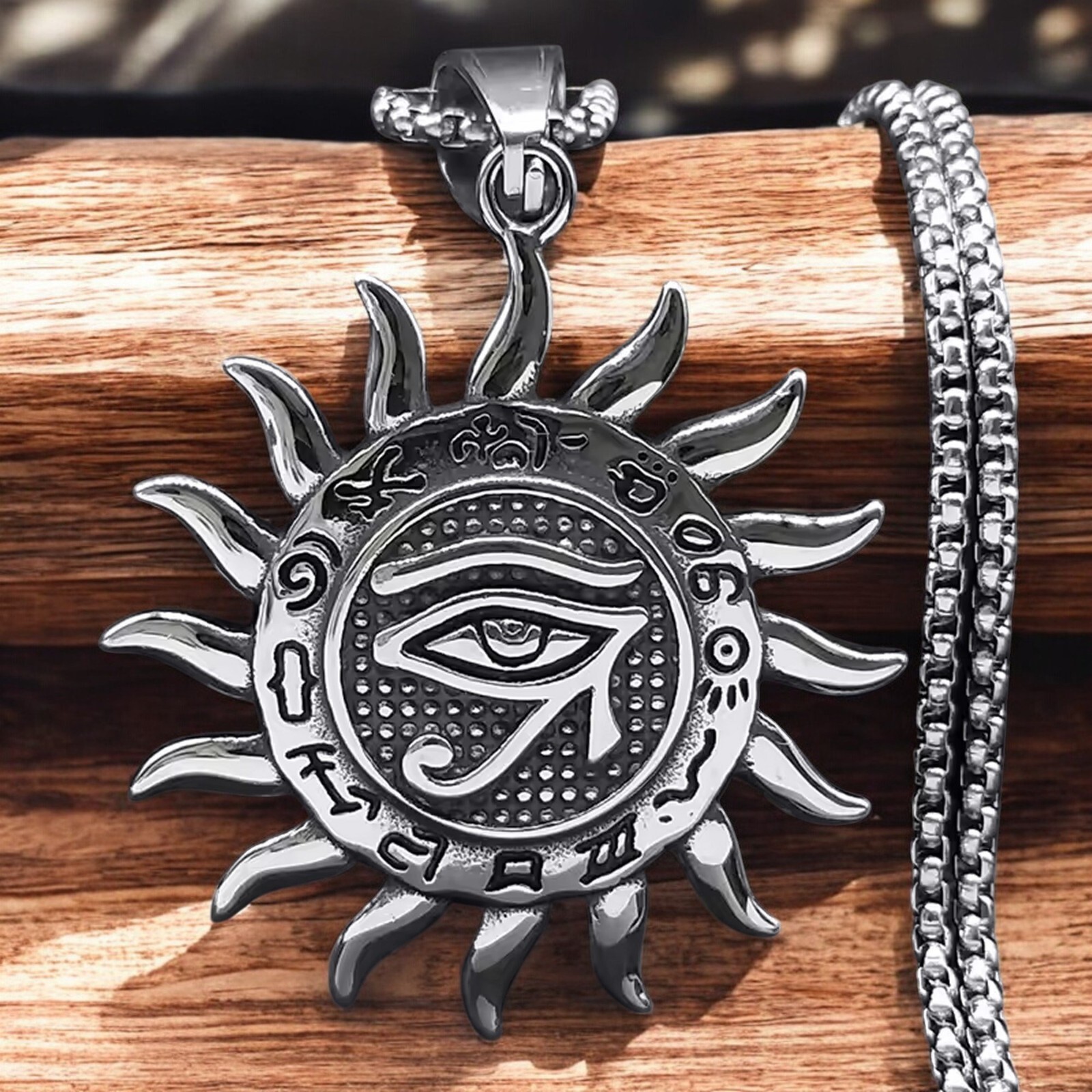 Eye of Ra Sun Necklace Silver 316L Stainless Steel Egyptian God Horus Pendant
