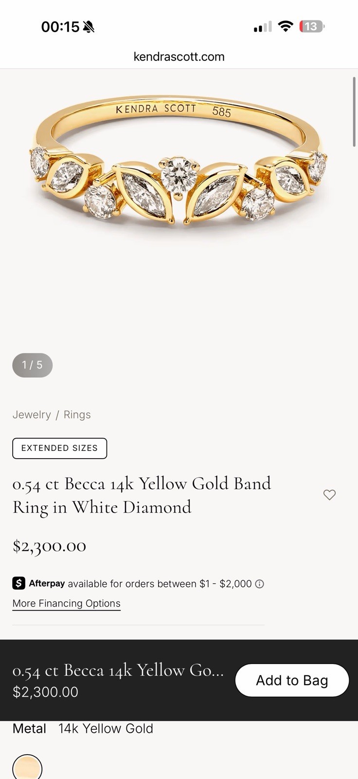 Kendra Scott Becca 14K Yellow Gold Band Ring Marquise White Diamond 0.54ct