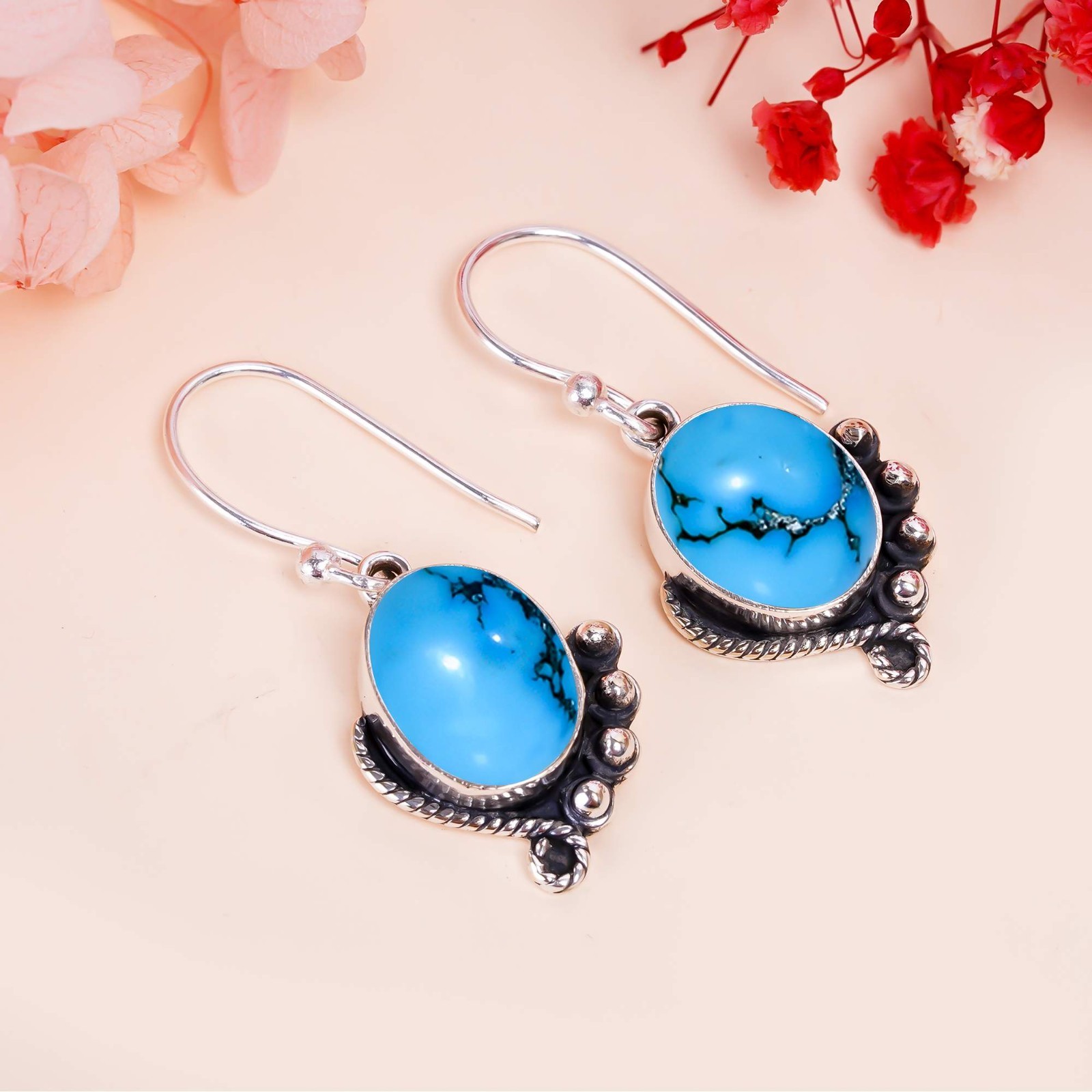 MAGNESITE TURQUOISE 925 Sterling Silver Dangle Drop Earrings’ ‘ CABOCHON CUT”