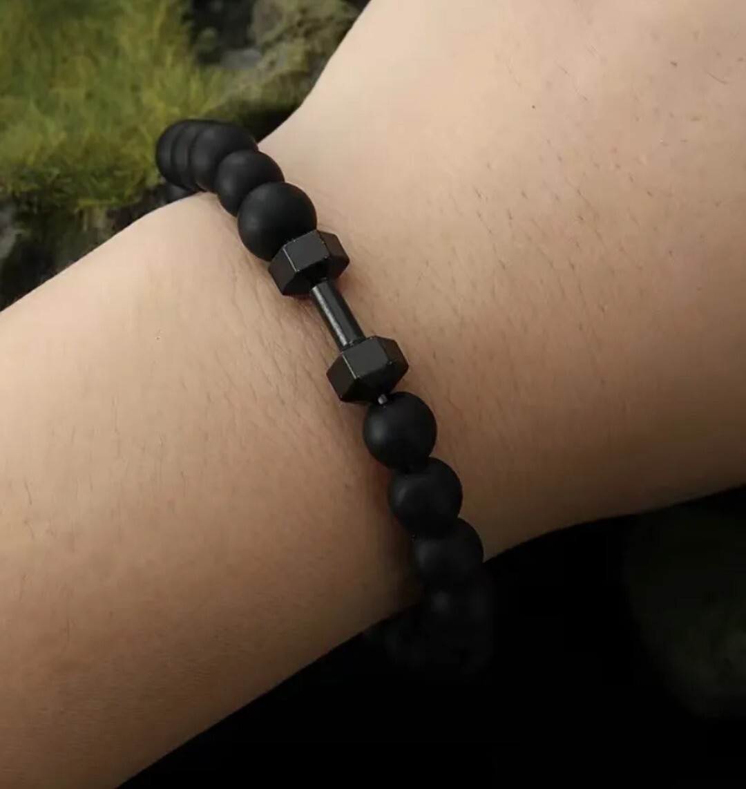 Frosted Black Bead Bracelet With Dumbbell