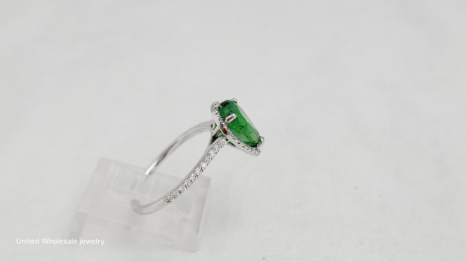 2.38Ct Genuine Mined Pear Emerald & Diamond Ring In Solid 14K White Gold