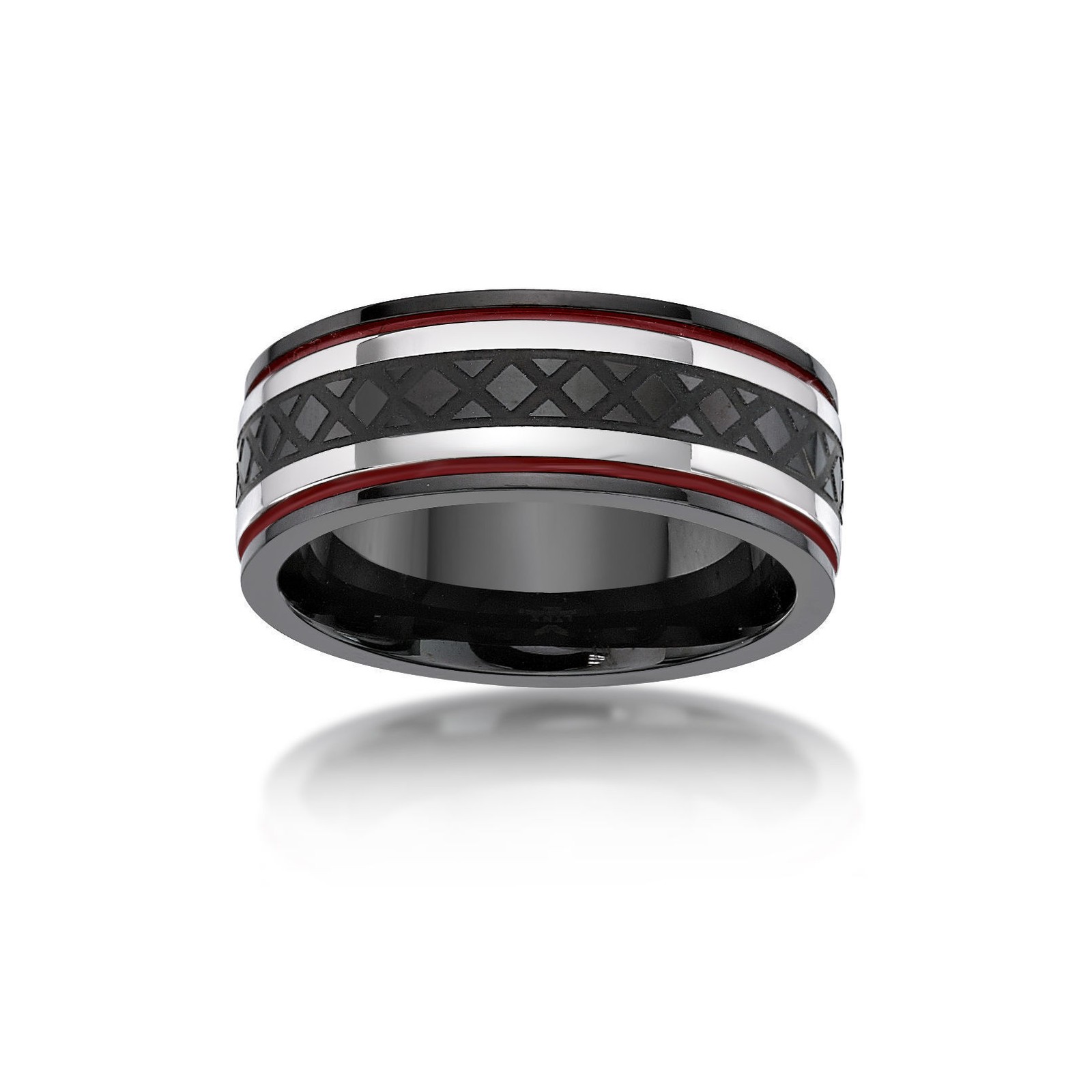 Stainless Steel Black Ion Plated Modern Striped Mutli-Color Red Resin Ring Sz 12