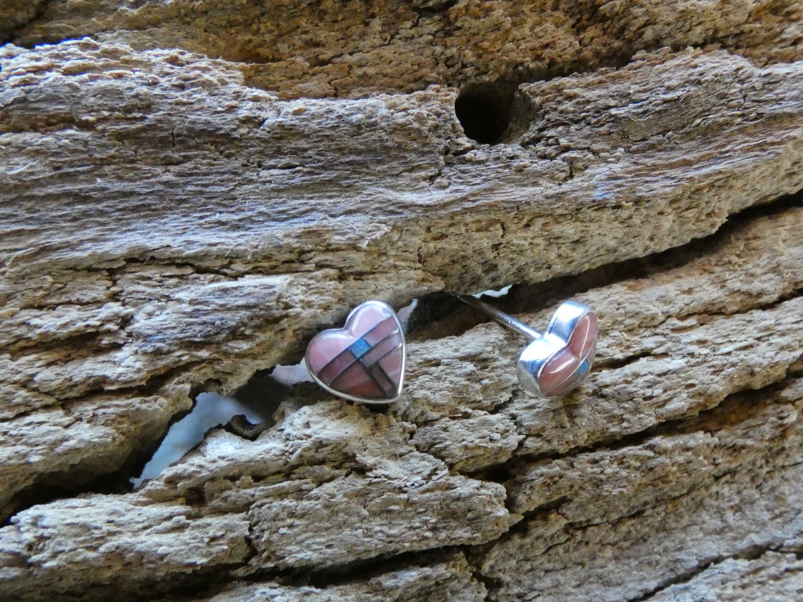 Pink Conch Shell & Opal Sterling Silver Gemstone Heart Small Post Earrings BF24