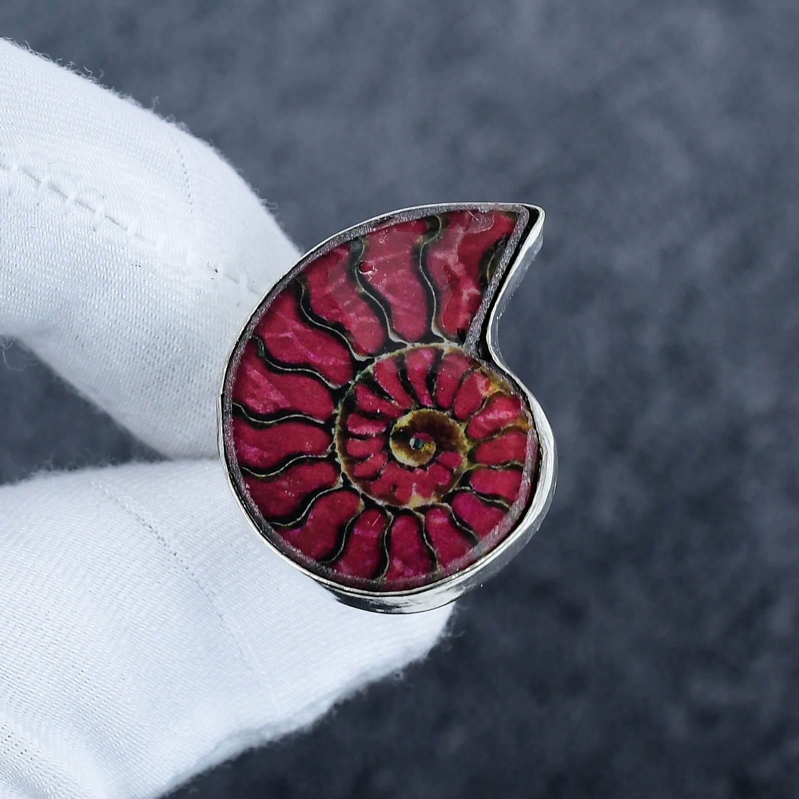 Hot Pink Fuchsia Fossil Ammonite Ring 925 Sterling Silver Jewelry, Handmade Gift