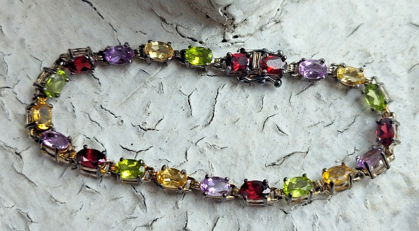 Sterling Silver 925 Oval Multi Gemstone Bracelet 7 inches