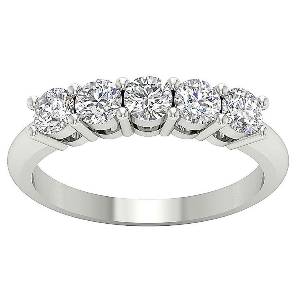 Five Stone Wedding Ring 1.00 Ct VS1 E Prong Set Natural Diamond 14K Gold 3.80MM