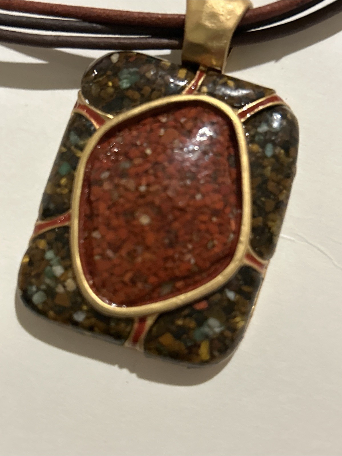 Chico’s Leather Multi Strand Statement Necklace Red Brown Green