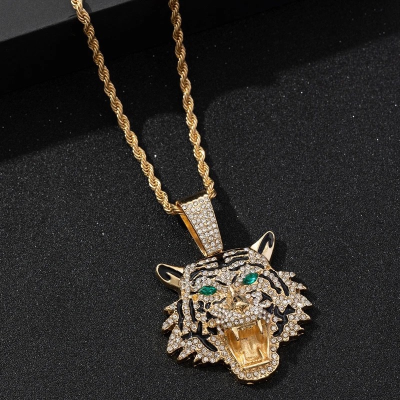 Iced Out Tiger Head Pendant Chain Silver Cuban Link Hip Hop Necklace Bling