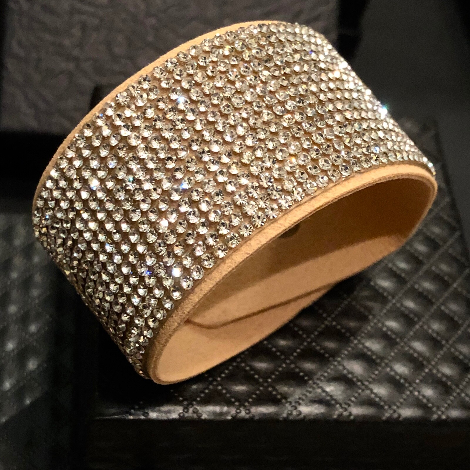Swarovski Elements Crystal Wrap Bracelet Tan Alcantara Leather Wide Bling Cuff