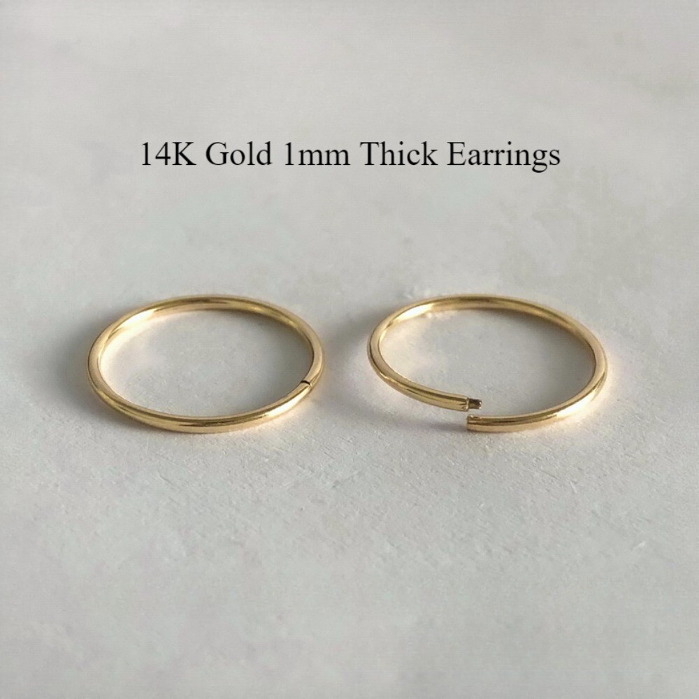 14K Yellow Gold Round Endless Hoop Earrings 1mm Tube Hoops Ear Rings