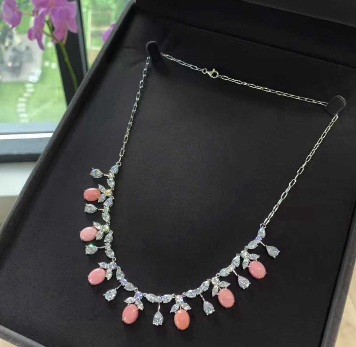 Elegant Natural Pink Conch Pearl Drop Necklace, Lab Diamonds, 925 SS