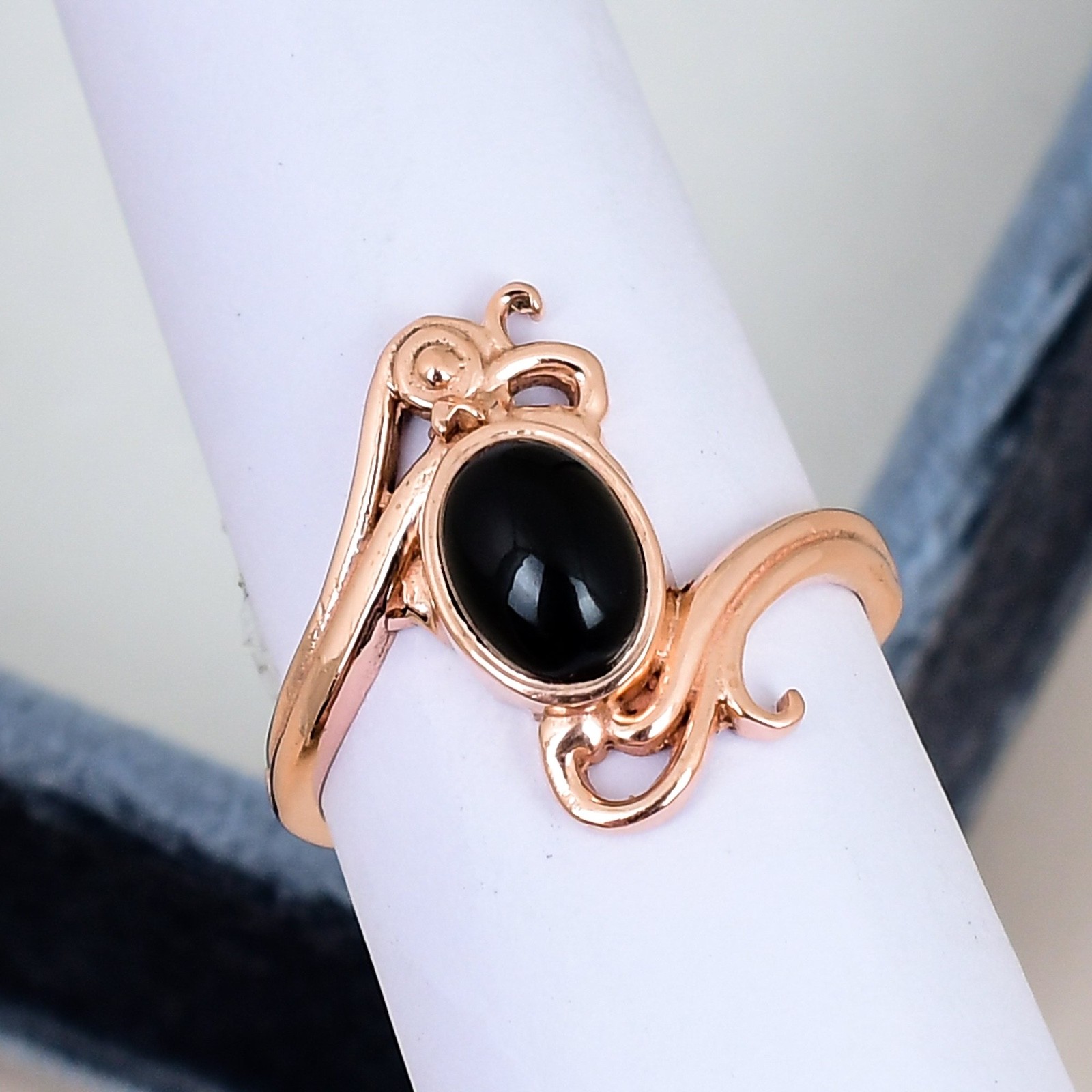 Black Onyx Oval Ring 6x8mm Solitaire Statement December Birthstone Gold Ring