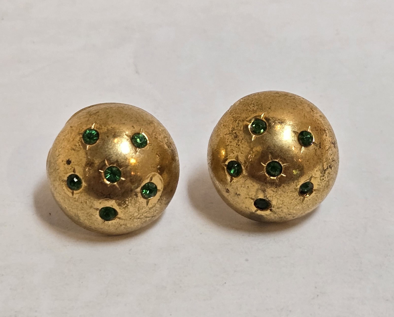 Vintage Signed CORO Fur Clip Duette Green Rhinestone Gold Tone Dome Earrings
