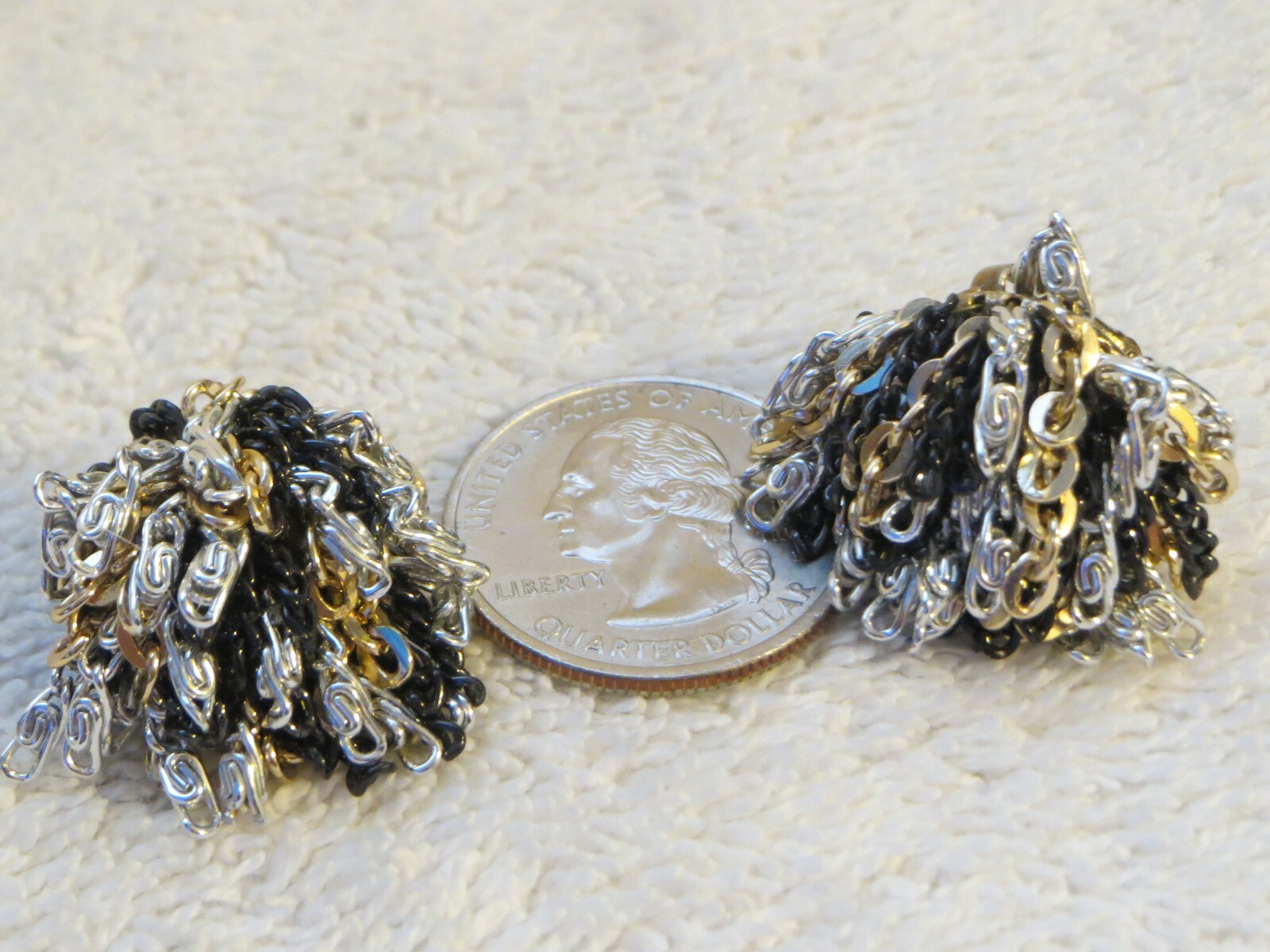 Vintage Black Silver Gold Chain Cluster Clip-On Earrings Signed Vogue