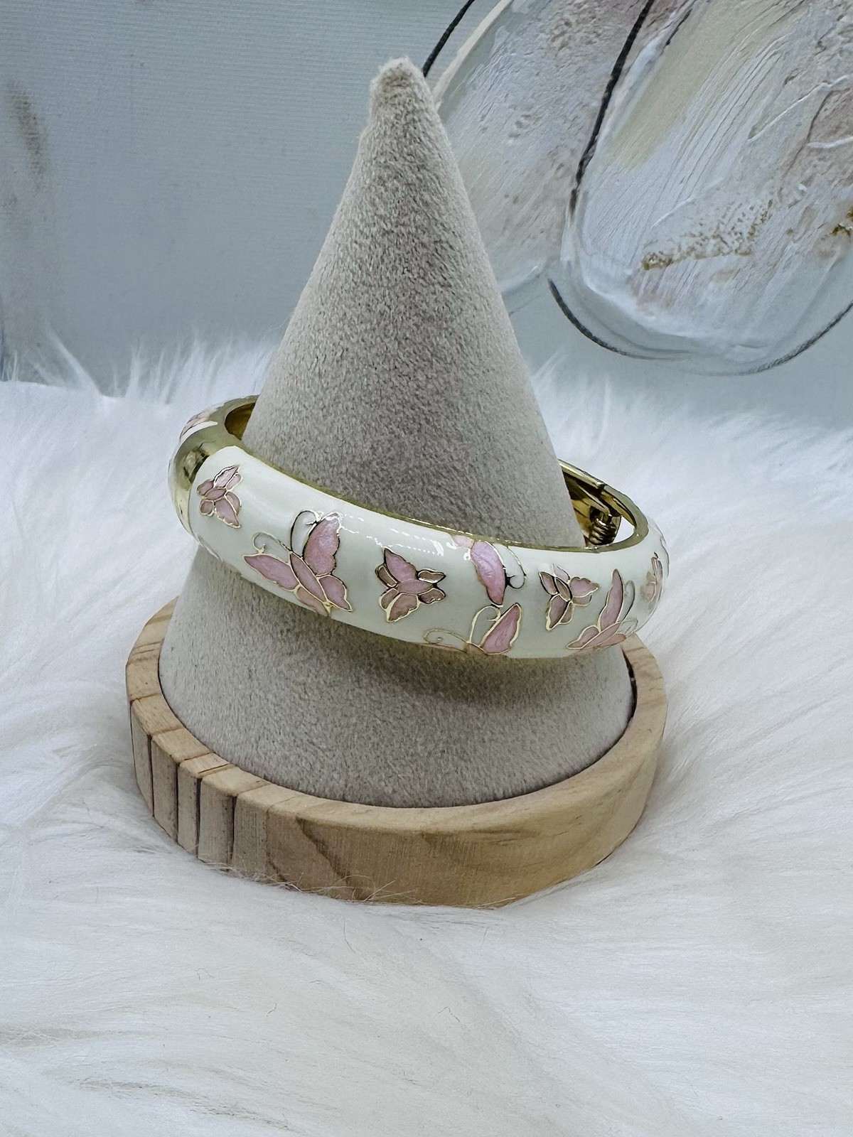 Pink & White Butterfly Enamel Hinged Bangle Bracelet Gold Tone