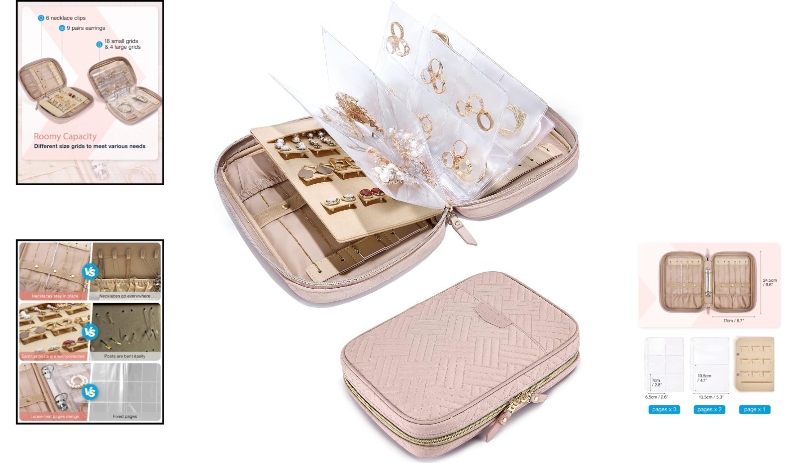 Portable Waterproof Jewelry Organizer – Pink Ring Binder for Travel & Home Use