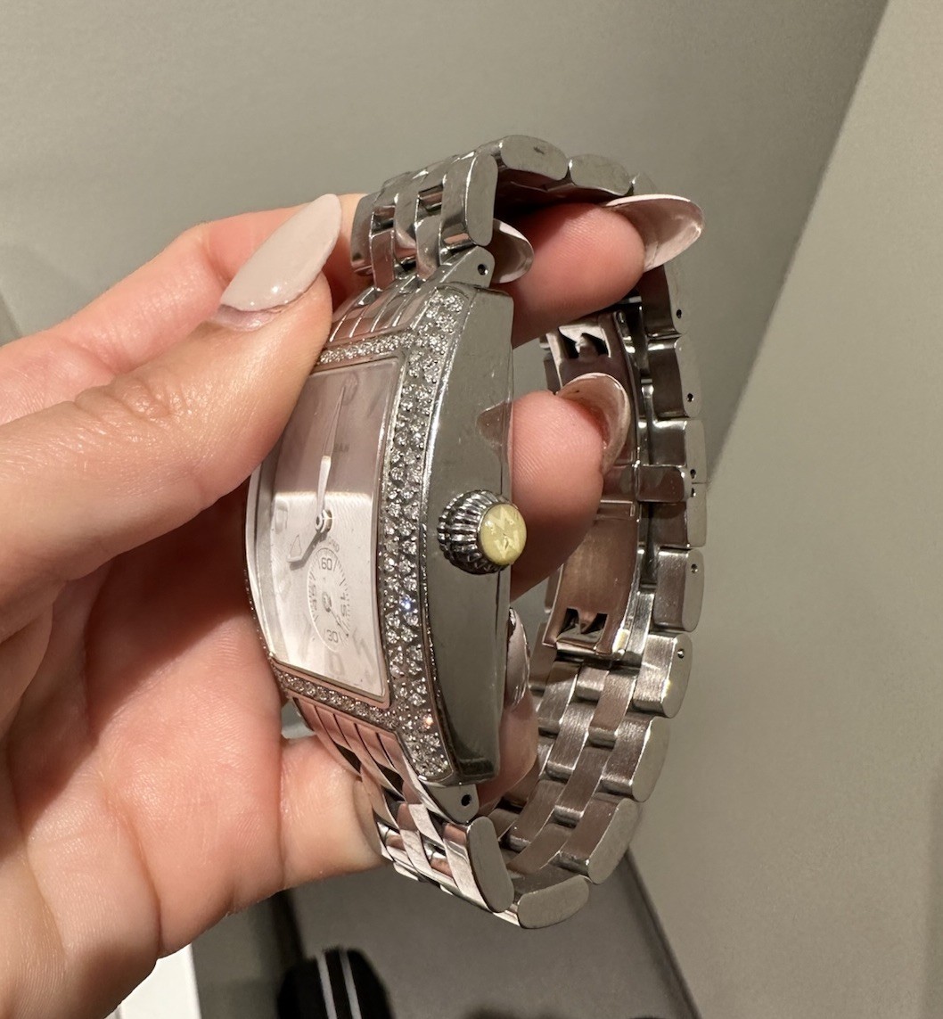MICHELE Urban Diamond Bezel Quartz 38mm Tonneau White Dial Silver Bracelet