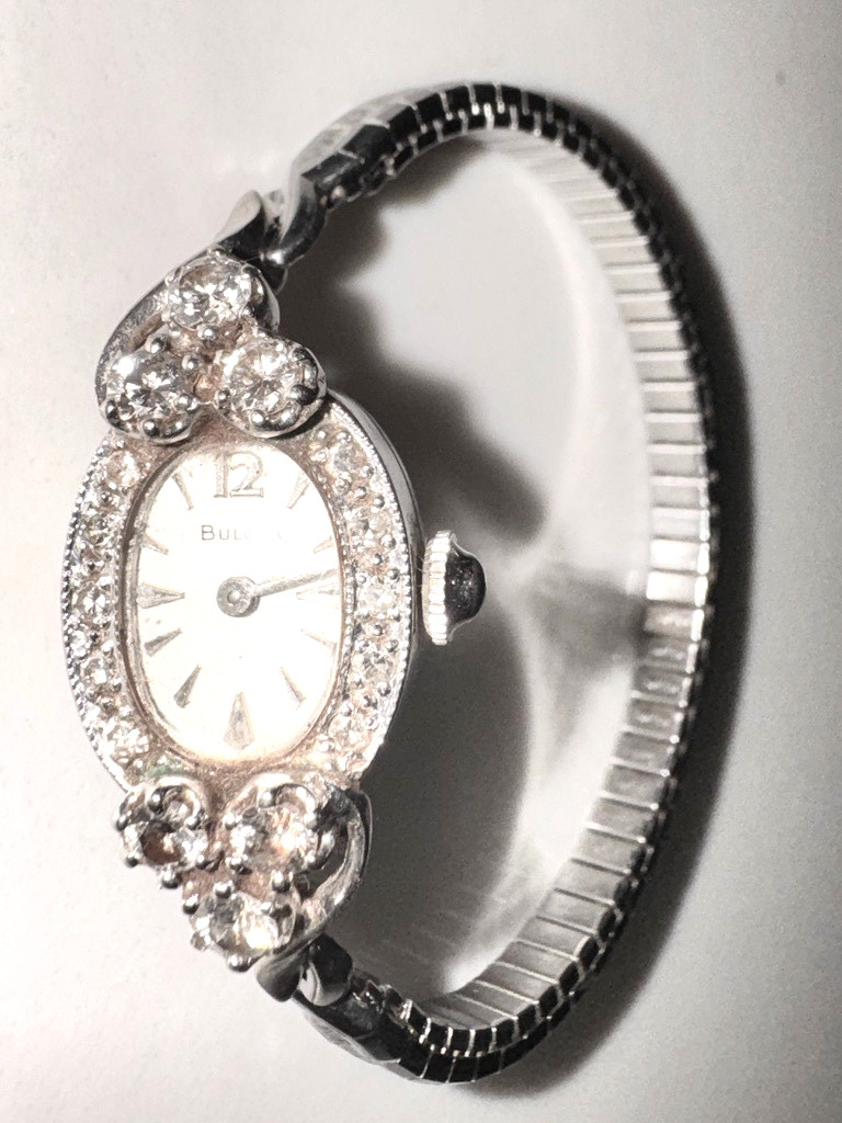 Vintage Bulova 14K White Gold Ladies Watch – Six Diamond Bezel, Speidel Band