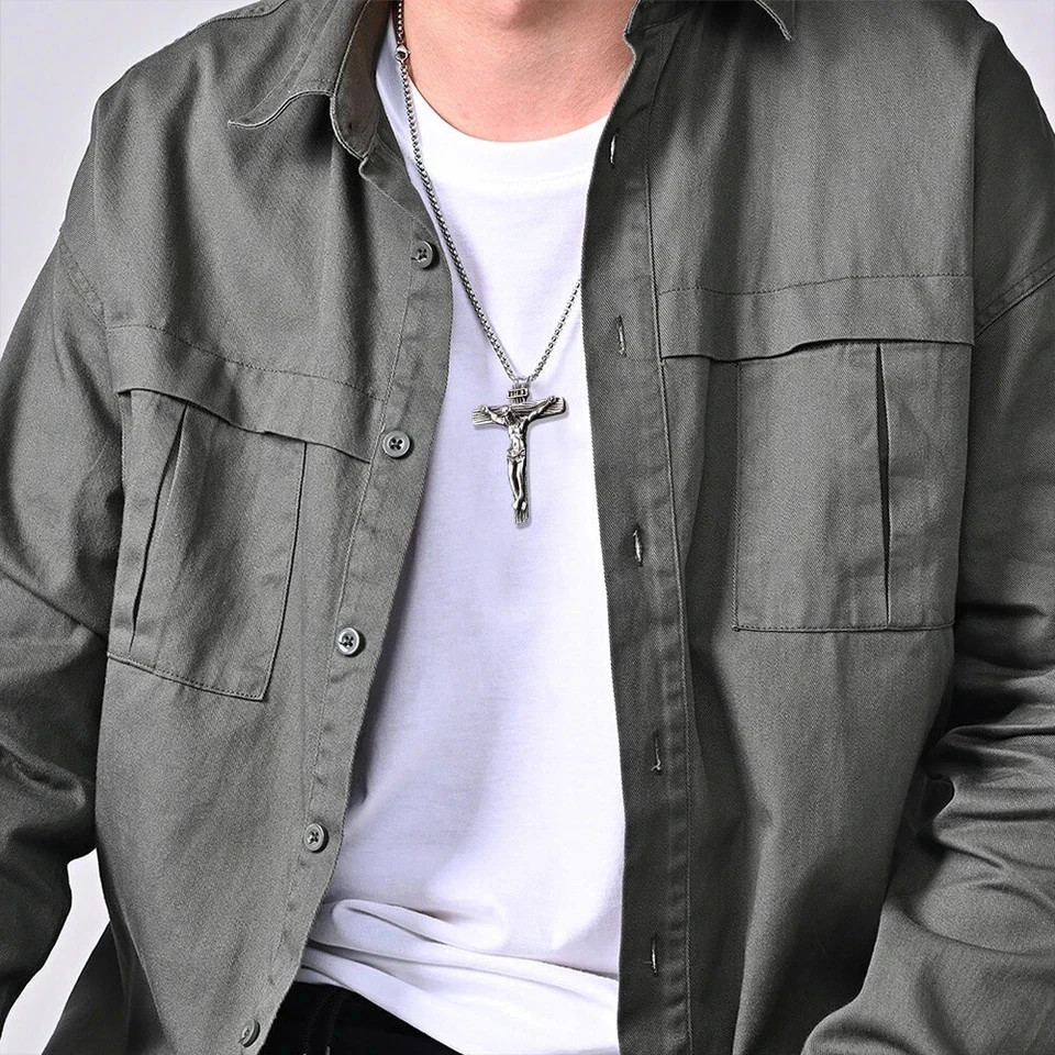 Jesus Christ Crucifix Cross Pendant Necklace Stainless Steel Chain for Men