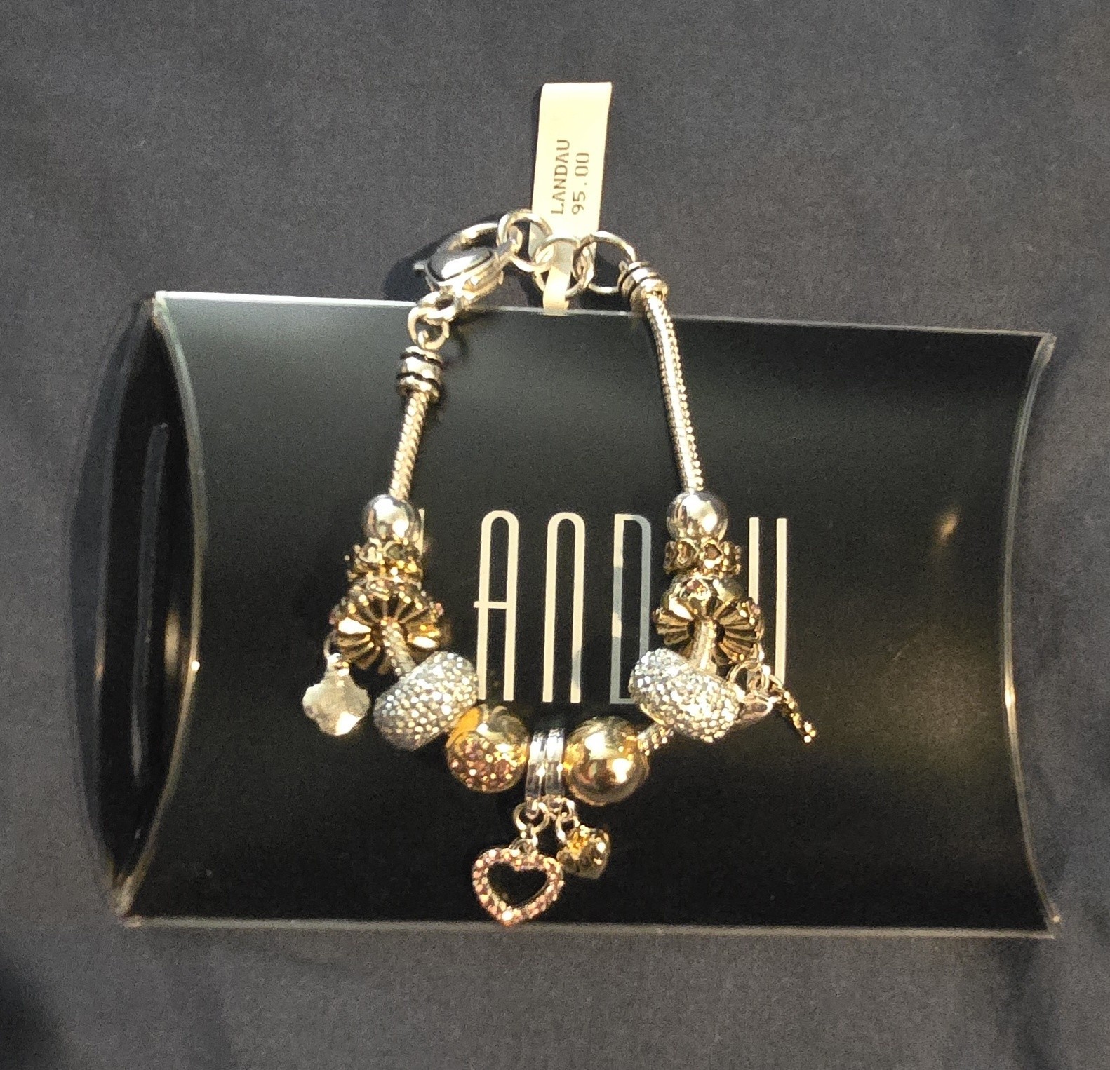 LANDAU Silver And Goldtone JUNE Charm Bracelet With Crystal Accents NWT