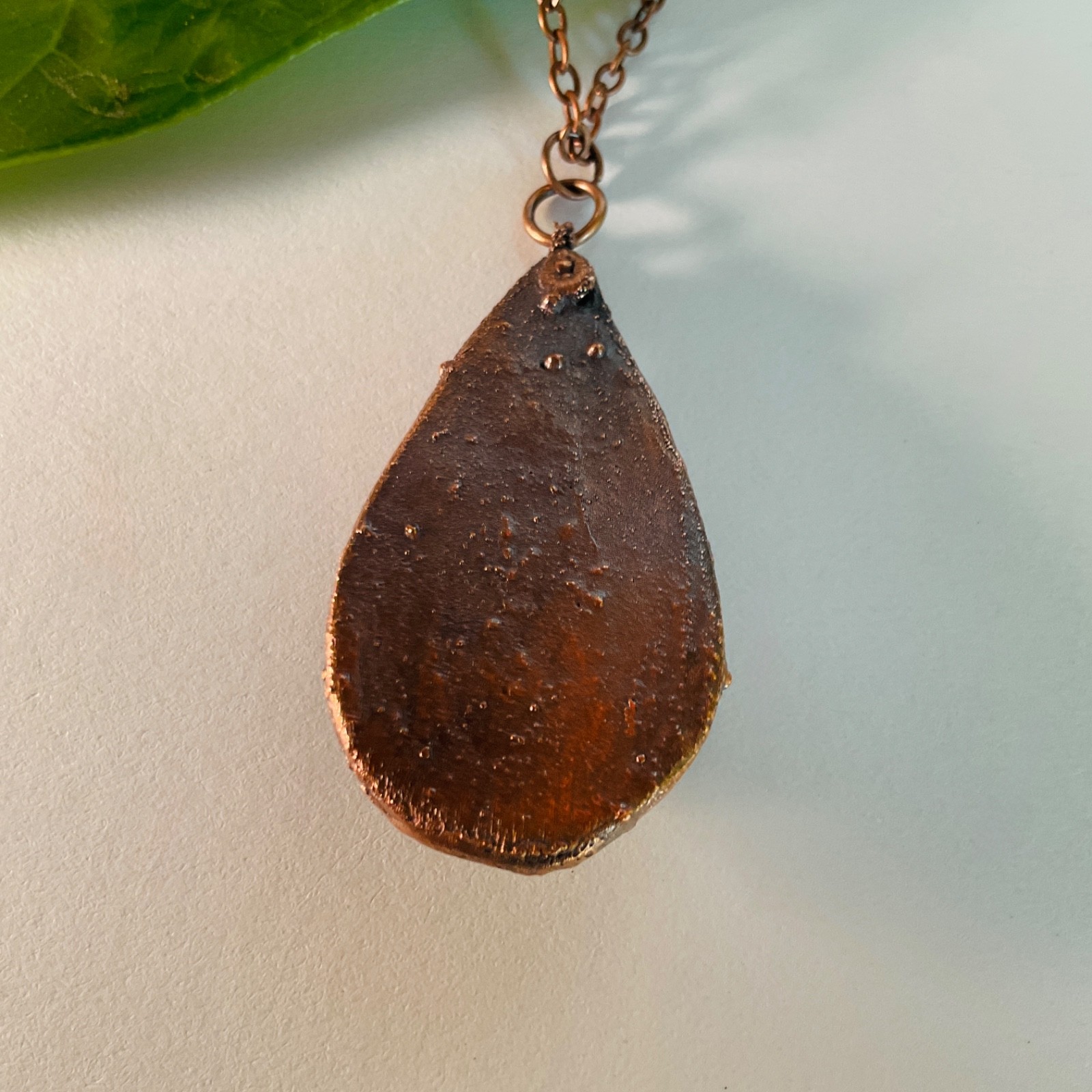Copper Necklace Jade Gem Stone Handmade Jewelry Pendant 18” Chain Metal Teardrop