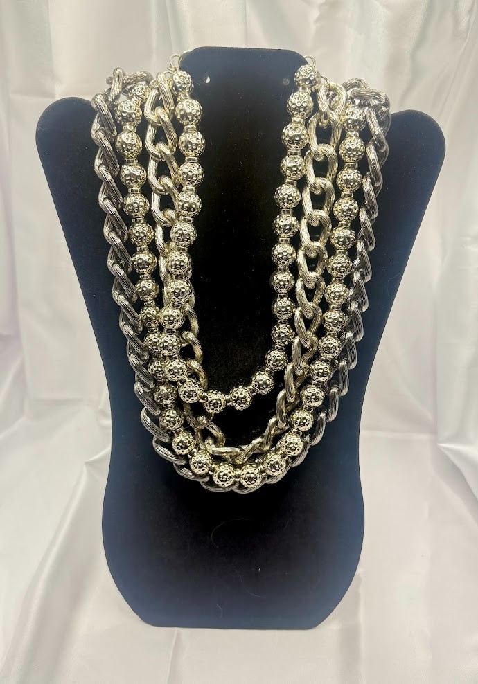 St. John Collection Multi Strand Chunky Silver Tone Statement Necklace Signed