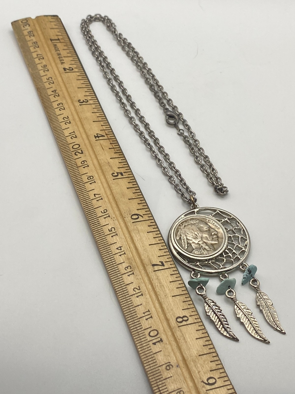 1925 Buffalo Nickel Dream Catcher Pendant 24″ Chain Silver Tone Metal Chain