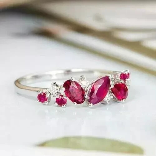 2Ct Marquise Cut Lab-Created Red Ruby Half Eternity Ring 14K White Gold Plated
