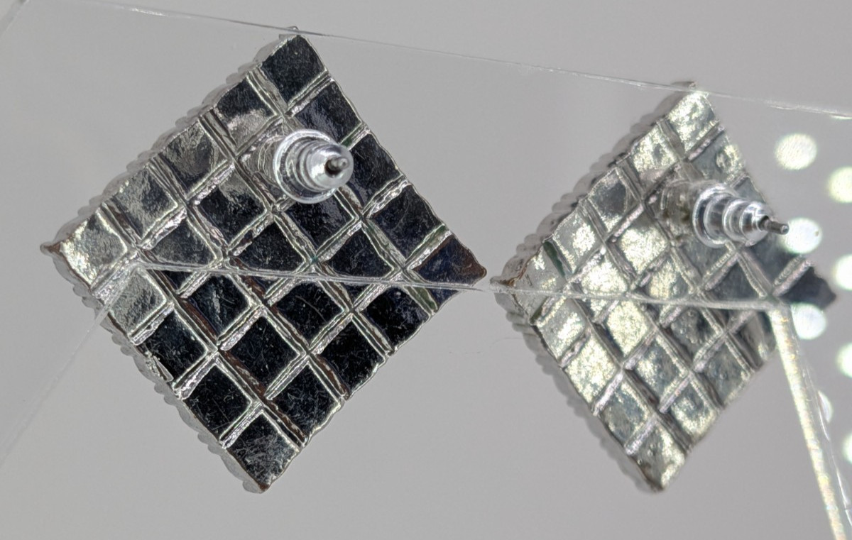 Vintage Rhinestone Stud Earrings Silver Tone Diamond Square Pave 15/16in Clear