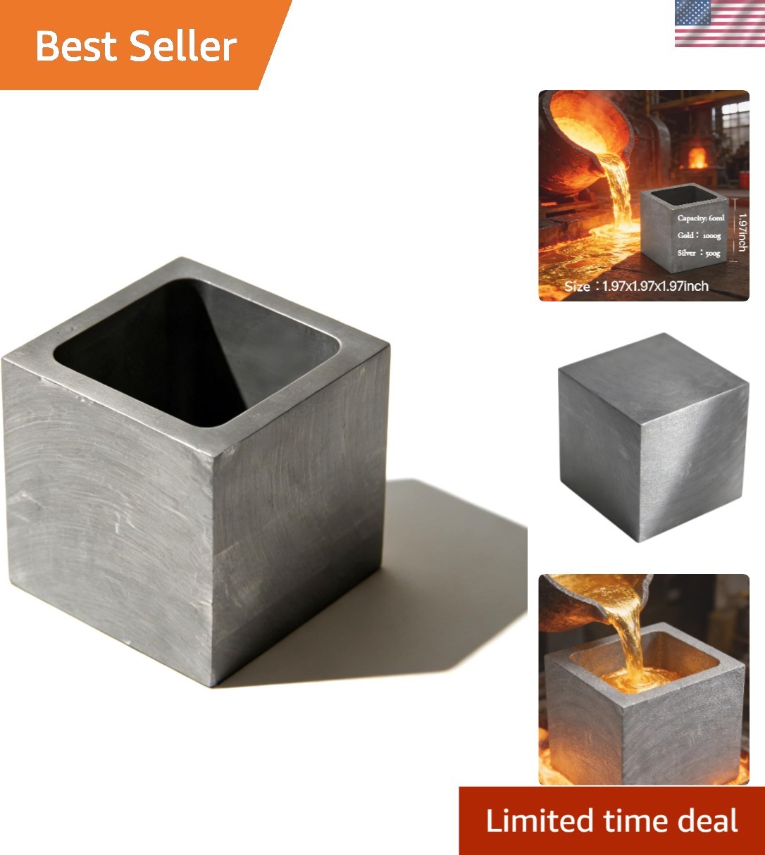 High Purity Graphite Ingot Mold for Efficient Metal Melting, 1.97″ Square