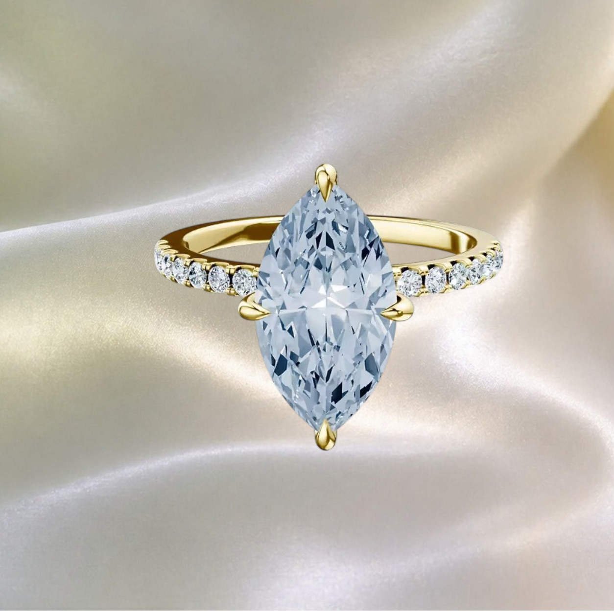 IGI Lab Grown Fancy Vivid Blue Diamond Ring 3.25 Ct Marquise Cut 14k Yellow Gold