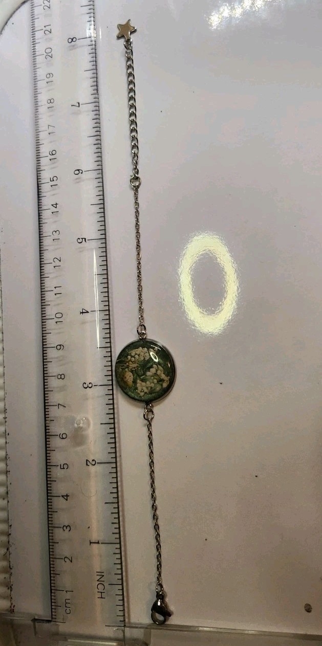 Handmade Resin Bracelet – Stainless Steel – 8″ Adjustable – Green Floral