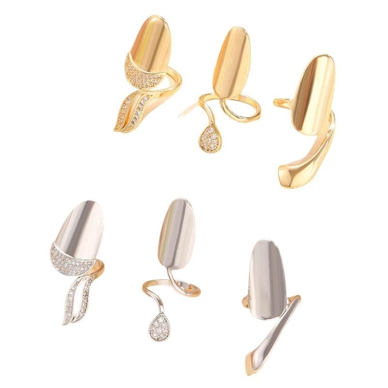 3PCS Detachable Zircon Nail Rings Gold Silver Reusable Nail Cover Finger Jewelry