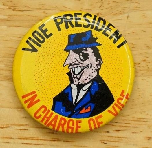 Vintage Pinback Button Vice President In Charge of Vice Political Satire Cartoon