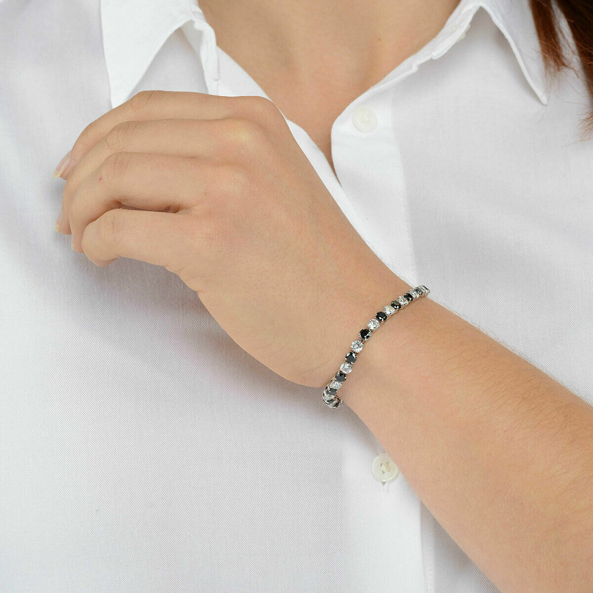 18k White Gold Plated Black White Cubic Zirconia CZ Fashion Tennis Bracelet 8″
